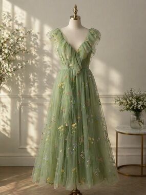 Ethereal Green Floral Tulle Maxi Dress